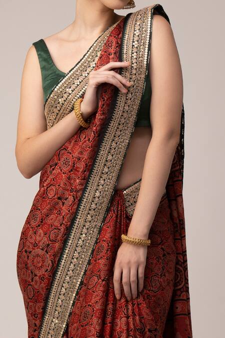 Joy Mitra_Red Modal Ajrakh Print Saree With Blouse_Online_at_Aza_Fashions
