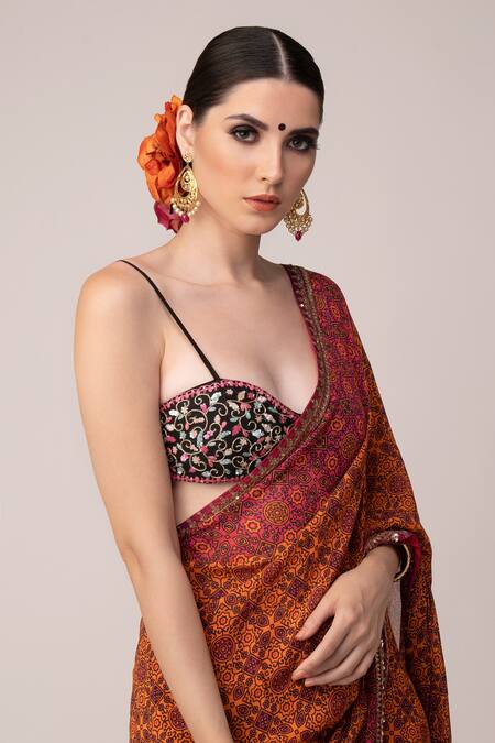 Joy Mitra_Orange Blouse Silk, Saree Georgette Ajrakh V Neck Print With_Online_at_Aza_Fashions