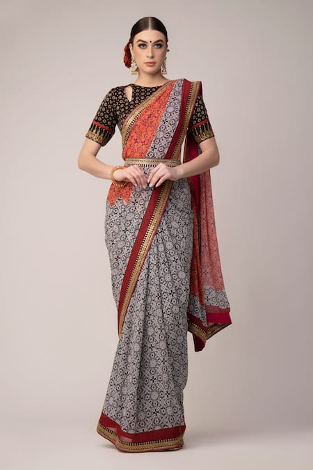 Joy Mitra Grey Saree Georgette Embroidered Ajrakh Round Print With Cutout Blouse