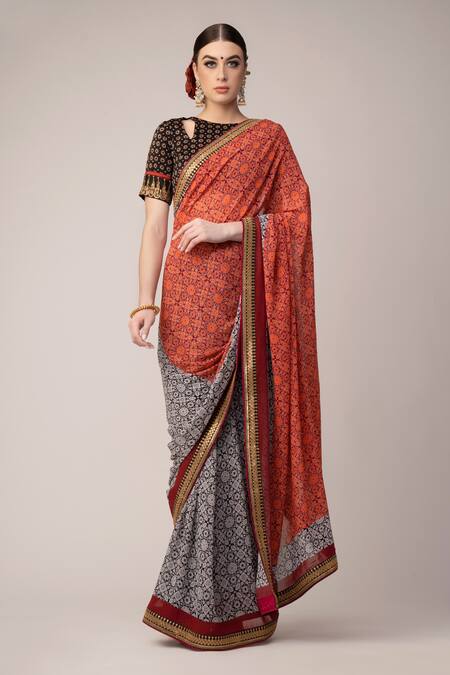Joy Mitra_Grey Blouse Silk, Saree Georgette Ajrakh Round Print With Cutout_Online_at_Aza_Fashions