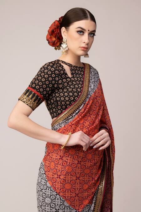 Buy_Joy Mitra_Grey Blouse Silk, Saree Georgette Ajrakh Round Print With Cutout_Online_at_Aza_Fashions