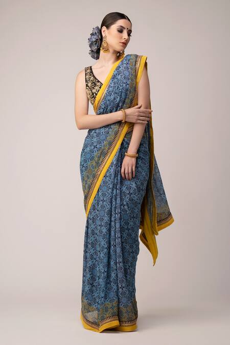 Buy_Joy Mitra_Grey Blouse Silk, Saree Georgette Ajrakh V Neck Print With_Online_at_Aza_Fashions