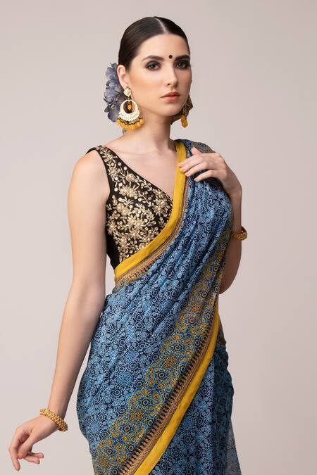 Shop_Joy Mitra_Grey Blouse Silk, Saree Georgette Ajrakh V Neck Print With_Online_at_Aza_Fashions