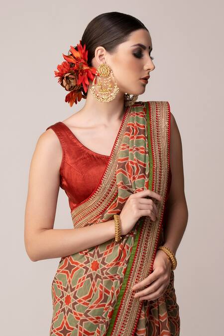 Joy Mitra_Red Blouse Silk, Saree Georgette Ajrakh Print With_Online_at_Aza_Fashions