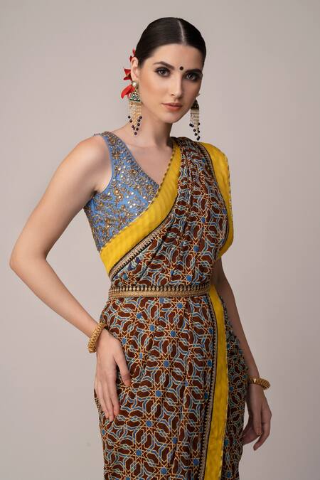 Joy Mitra_Blue Blouse Silk, Saree Georgette Ajrakh Print With Embroidered_Online_at_Aza_Fashions