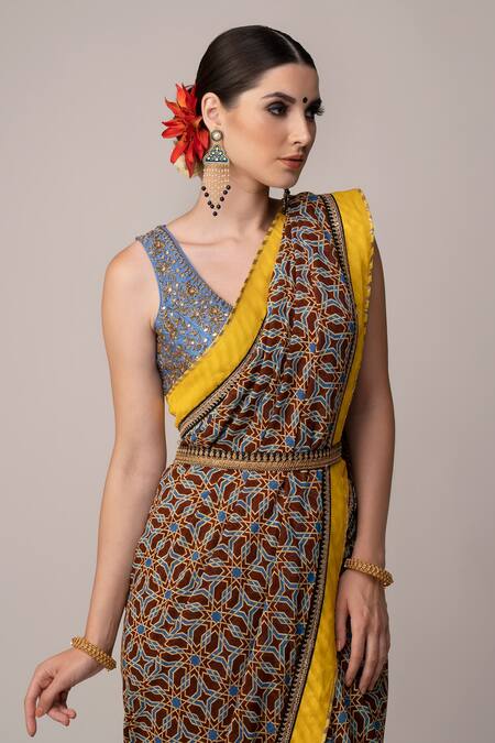Buy_Joy Mitra_Blue Blouse Silk, Saree Georgette Ajrakh Print With Embroidered_Online_at_Aza_Fashions