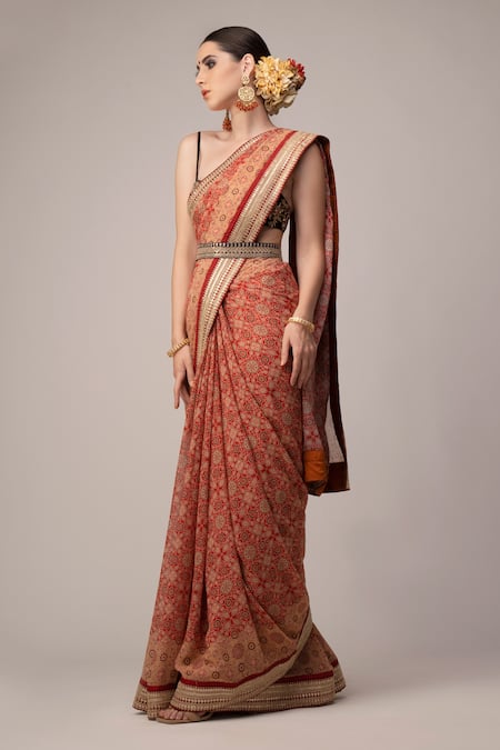 Joy Mitra_Red Blouse Silk, Saree Georgette Ajrakh Print With Contrast_Online_at_Aza_Fashions