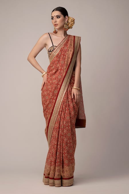Buy_Joy Mitra_Red Blouse Silk, Saree Georgette Ajrakh Print With Contrast_Online_at_Aza_Fashions
