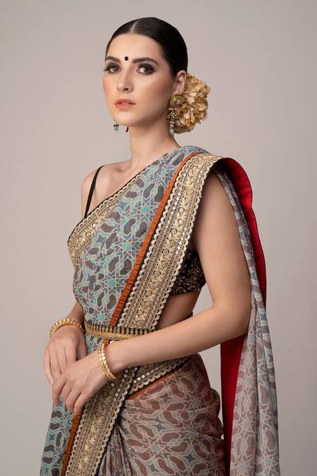 Joy Mitra_Blue Blouse Silk, Saree Georgette Ajrakh Print With Contrast_Online_at_Aza_Fashions