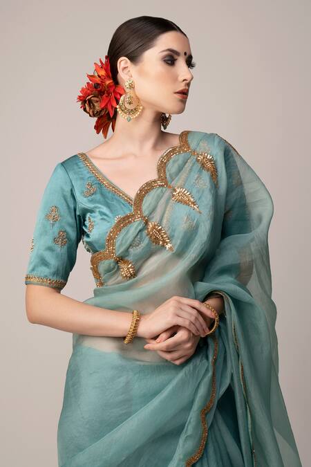Joy Mitra_Blue Blouse Silk, Saree Organza Scallop With_Online_at_Aza_Fashions