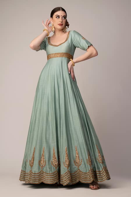 Joy Mitra_Blue Anarkali Silk, Dupatta Net Scoop Neck With_Online_at_Aza_Fashions