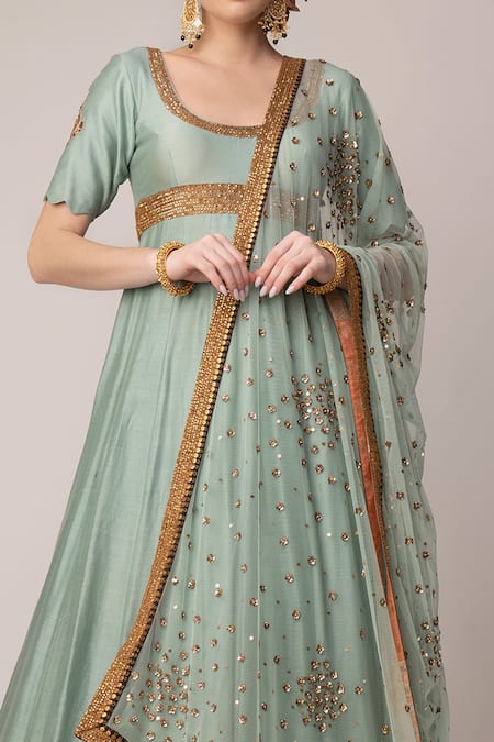 Buy_Joy Mitra_Blue Anarkali Silk, Dupatta Net Scoop Neck With_Online_at_Aza_Fashions