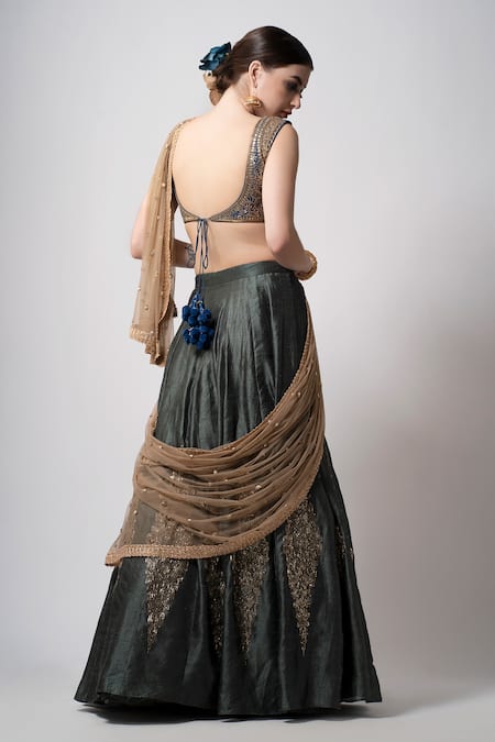 Joy Mitra_Grey Dupatta Net, Lehenga Raw Silk Floral V Neck Embroidered Set_Online_at_Aza_Fashions