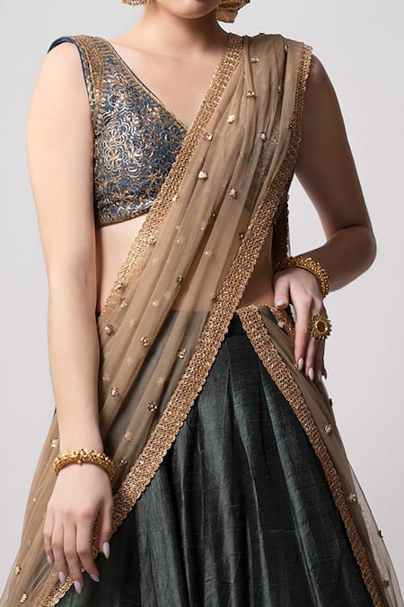 Buy_Joy Mitra_Grey Dupatta Net, Lehenga Raw Silk Floral V Neck Embroidered Set_Online_at_Aza_Fashions