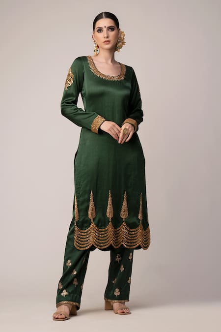 Joy Mitra_Green Modal Round Embroidered Kurta Set_Online_at_Aza_Fashions
