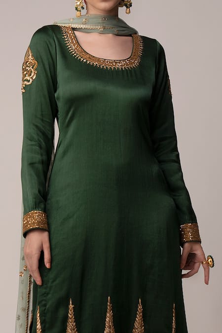 Buy_Joy Mitra_Green Modal Round Embroidered Kurta Set_Online_at_Aza_Fashions
