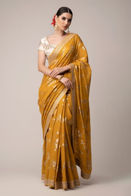 Joy Mitra Floral Print Saree With Blouse 