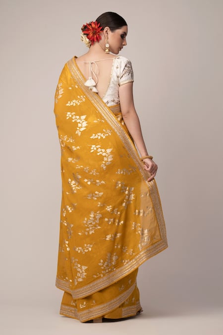 Shop Joy Mitra Yellow Blouse Silk, Saree Cotton Floral Print With at Aza Fashions Shop_Joy Mitra_Yellow Blouse Silk, Saree Cotton Floral Print With _at_Aza_Fashions