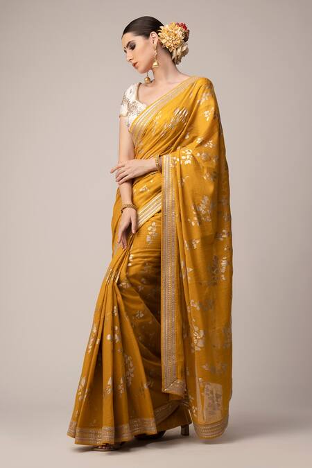 Joy Mitra Yellow Blouse Silk, Saree Cotton Floral Print With Online at Aza Fashions Joy Mitra_Yellow Blouse Silk, Saree Cotton Floral Print With _Online_at_Aza_Fashions
