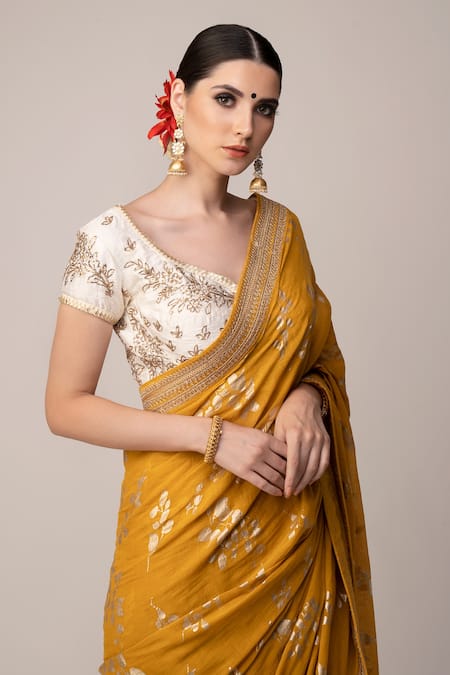 Buy Joy Mitra Yellow Blouse Silk, Saree Cotton Floral Print With Online at Aza Fashions Buy_Joy Mitra_Yellow Blouse Silk, Saree Cotton Floral Print With _Online_at_Aza_Fashions