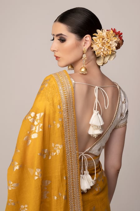 Shop Joy Mitra Yellow Blouse Silk, Saree Cotton Floral Print With Online at Aza Fashions Shop_Joy Mitra_Yellow Blouse Silk, Saree Cotton Floral Print With _Online_at_Aza_Fashions