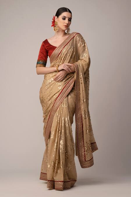 Joy Mitra Beige Blouse Silk, Saree Cotton Floral Print With Online at Aza Fashions Joy Mitra_Beige Blouse Silk, Saree Cotton Floral Print With _Online_at_Aza_Fashions