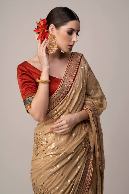 Buy Joy Mitra Beige Blouse Silk, Saree Cotton Floral Print With Online at Aza Fashions Buy_Joy Mitra_Beige Blouse Silk, Saree Cotton Floral Print With _Online_at_Aza_Fashions