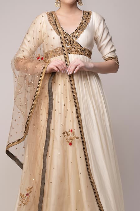 Joy Mitra Cream Angrakha Chanderi Embroidered Kashmiri V Neck With Net Dupatta Online at Aza Fashions Joy Mitra_Cream Angrakha Chanderi Embroidered Kashmiri V Neck With Net Dupatta _Online_at_Aza_Fashions