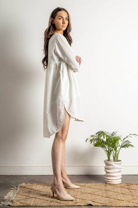 Doodlage White Upcycled Cotton Notched Naomi Dress Online at Aza Fashions Doodlage_White Upcycled Cotton Notched Naomi Dress _Online_at_Aza_Fashions