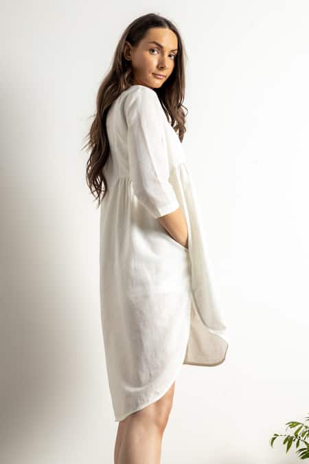 Shop Doodlage White Upcycled Cotton Notched Naomi Dress Online at Aza Fashions Shop_Doodlage_White Upcycled Cotton Notched Naomi Dress _Online_at_Aza_Fashions