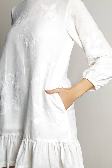 Shop Doodlage White Upcycled Cotton Floral Boat Neck Eva Embroidered Dress Online at Aza Fashions Shop_Doodlage_White Upcycled Cotton Floral Boat Neck Eva Embroidered Dress _Online_at_Aza_Fashions