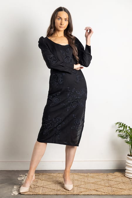 Doodlage Black Upcycled Cotton Scoop Neck Meline Embroidered Dress 