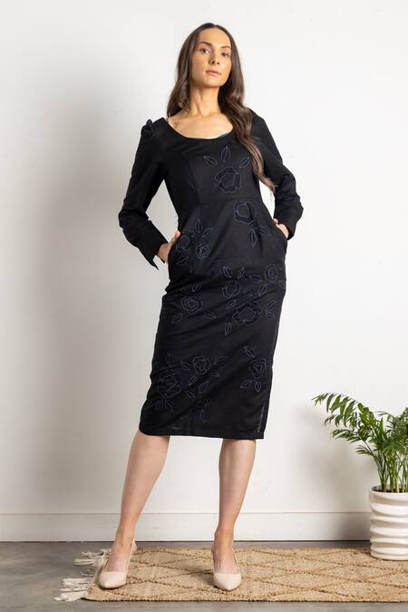 Doodlage Black Upcycled Cotton Scoop Neck Meline Embroidered Dress Online at Aza Fashions Doodlage_Black Upcycled Cotton Scoop Neck Meline Embroidered Dress _Online_at_Aza_Fashions