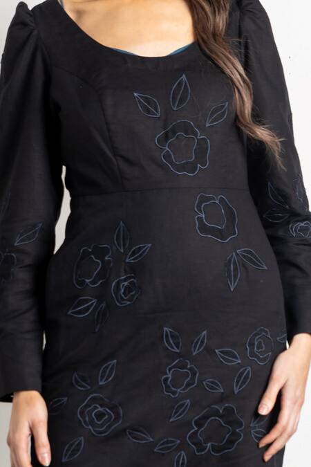 Shop Doodlage Black Upcycled Cotton Scoop Neck Meline Embroidered Dress Online at Aza Fashions Shop_Doodlage_Black Upcycled Cotton Scoop Neck Meline Embroidered Dress _Online_at_Aza_Fashions