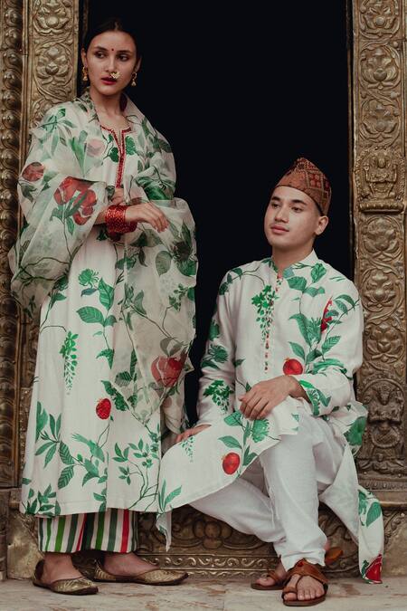 Label Earthen_Ivory Kurta Chanderi Silk, Pyjama Pants Cotton Nizam Border Fabric Set _Online_at_Aza_Fashions