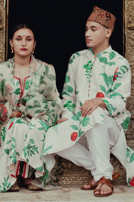 Buy_Label Earthen_Ivory Kurta Chanderi Silk, Pyjama Pants Cotton Nizam Border Fabric Set _Online_at_Aza_Fashions