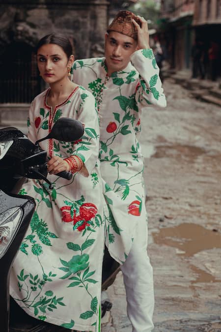 Shop_Label Earthen_Ivory Kurta Chanderi Silk, Pyjama Pants Cotton Nizam Border Fabric Set _Online_at_Aza_Fashions