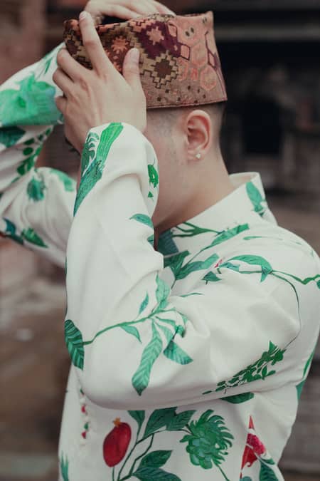 Label Earthen_Ivory Kurta Chanderi Silk, Pyjama Pants Cotton Nizam Border Fabric Set _at_Aza_Fashions