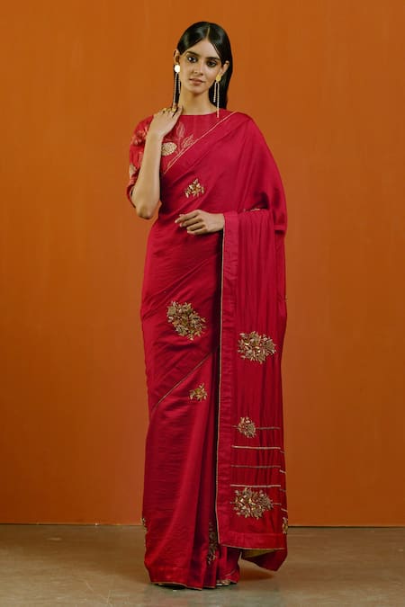 Label Earthen Red Zardozi Embroidered Saree & Blouse For Kids