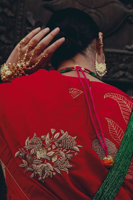 Label Earthen Red Zardozi Embroidered Saree & Blouse For Kids