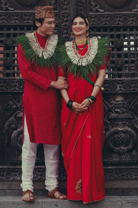 Label Earthen_Red Silk Zari, Embroidery Zardozi Saree And Blouse For Kids_Online_at_Aza_Fashions