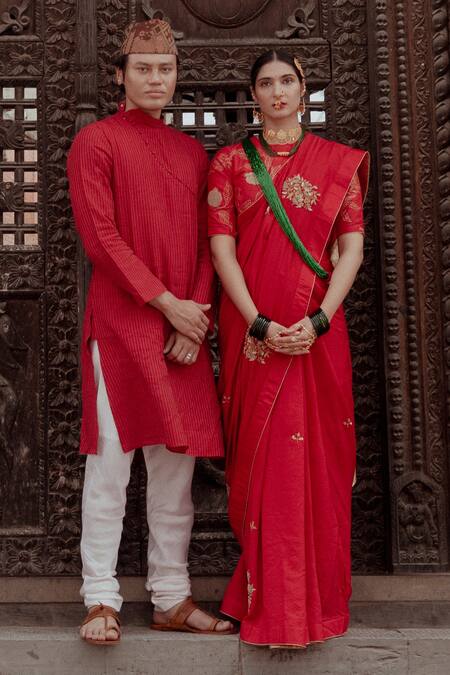 Shop_Label Earthen_Red Silk Zari, Embroidery Zardozi Saree And Blouse For Kids_Online_at_Aza_Fashions