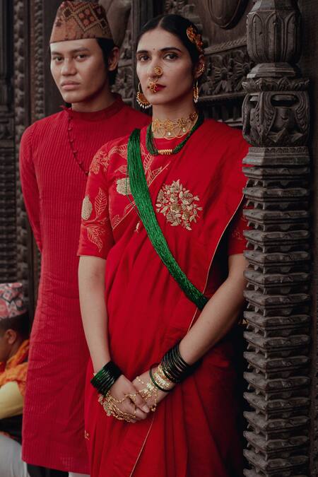 Label Earthen_Red Silk Zari, Embroidery Zardozi Saree And Blouse For Kids_at_Aza_Fashions