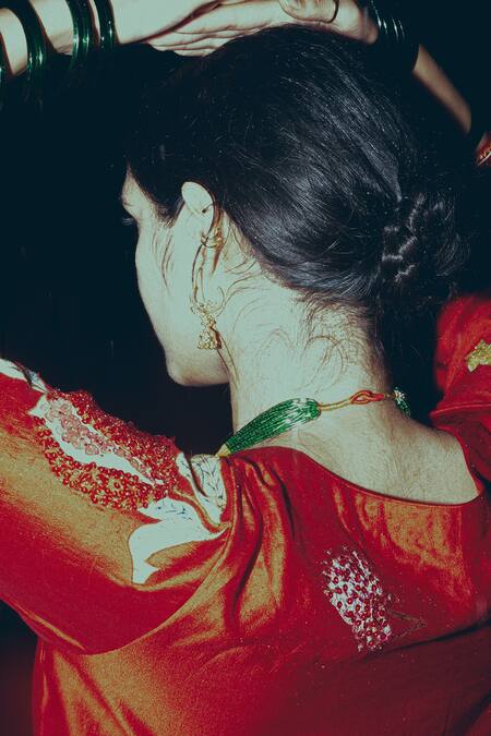 Label Earthen_Red Chiniya Organza Floral Work Laal Sunahri Embroidered Kurta Set _at_Aza_Fashions