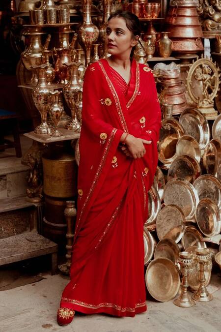 Label Earthen Floral Hand Embroidered Red Saree & Blouse For Kids