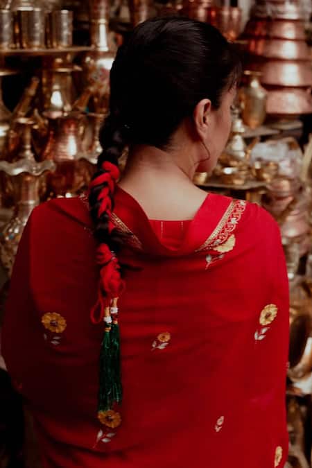 Label Earthen Floral Hand Embroidered Red Saree & Blouse For Kids