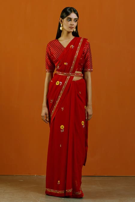 Label Earthen_Red Georgette, Silk Embroidery Floral Hand Saree And Blouse For Kids_Online_at_Aza_Fashions