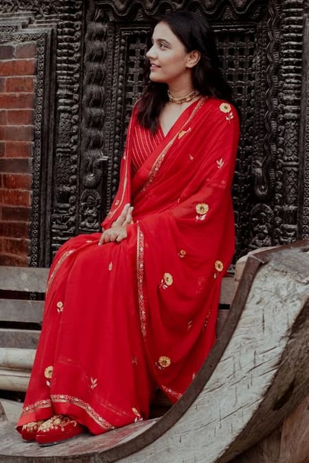 Buy_Label Earthen_Red Georgette, Silk Embroidery Floral Hand Saree And Blouse For Kids_Online_at_Aza_Fashions