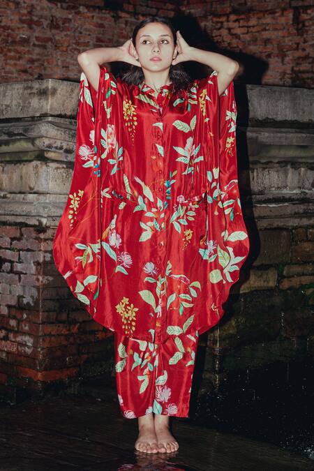 Label Earthen Laal Phool Printed Kimono Kurta & Pant Set 