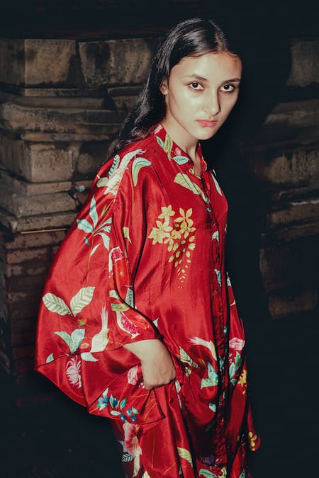 Shop_Label Earthen_Maroon Habutai Silk Floral Motifs Laal Phool Printed Kimono Kurta And Pant Set _Online_at_Aza_Fashions